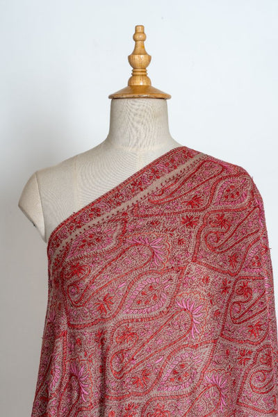 2.5 Yards | Gulnaar-e-Banafsha — Sozni Hand-Embroidered Jamawar Shawl in Beige with Red & Rose Hues