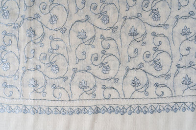 2.5 Yards | Shabnum-e-Nilofar — Sozni Hand-Embroidered Shawl in Ivory with Sky Blue Florals