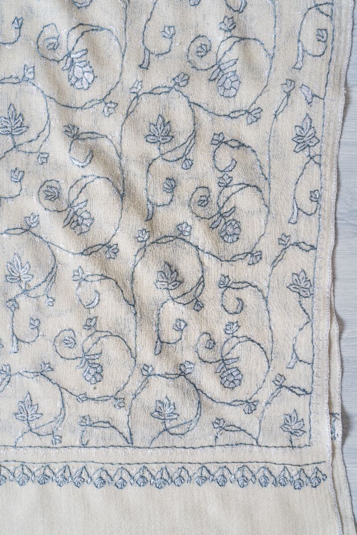 2.5 Yards | Shabnum-e-Nilofar — Sozni Hand-Embroidered Shawl in Ivory with Sky Blue Florals