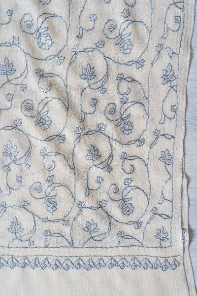 2.5 Yards | Shabnum-e-Nilofar — Sozni Hand-Embroidered Shawl in Ivory with Sky Blue Florals