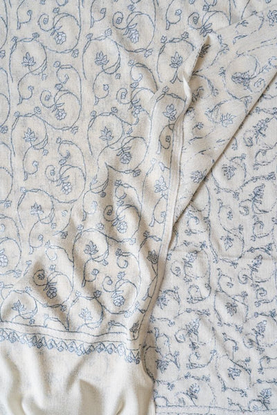 2.5 Yards | Shabnum-e-Nilofar — Sozni Hand-Embroidered Shawl in Ivory with Sky Blue Florals