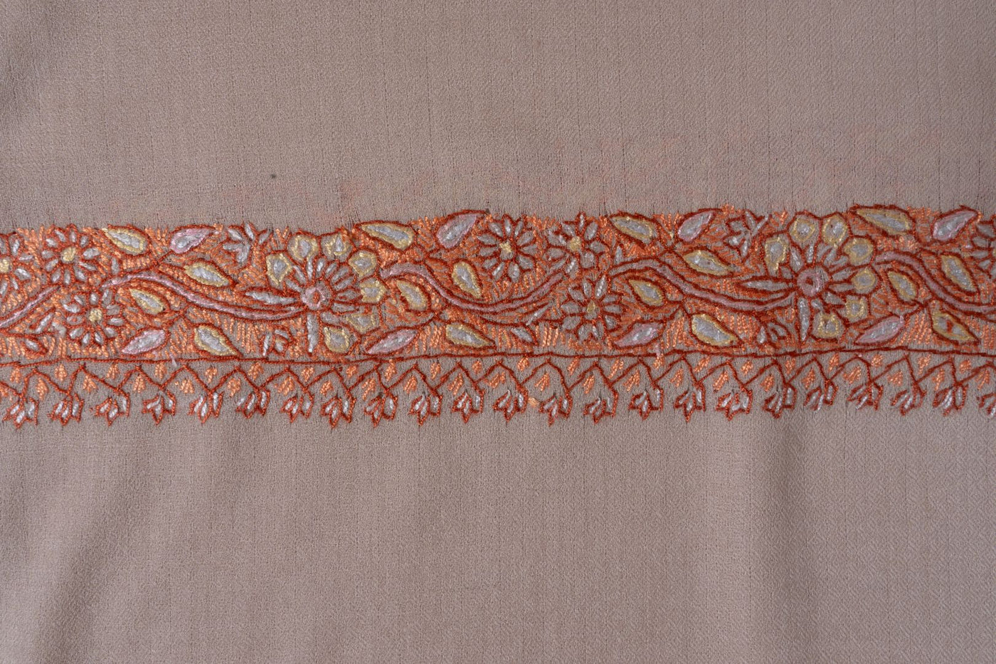 2.5 Yards | Gul-e-Narm — Sozni Hand-Embroidered Shawl in Beige with Rust & Ivory Borders