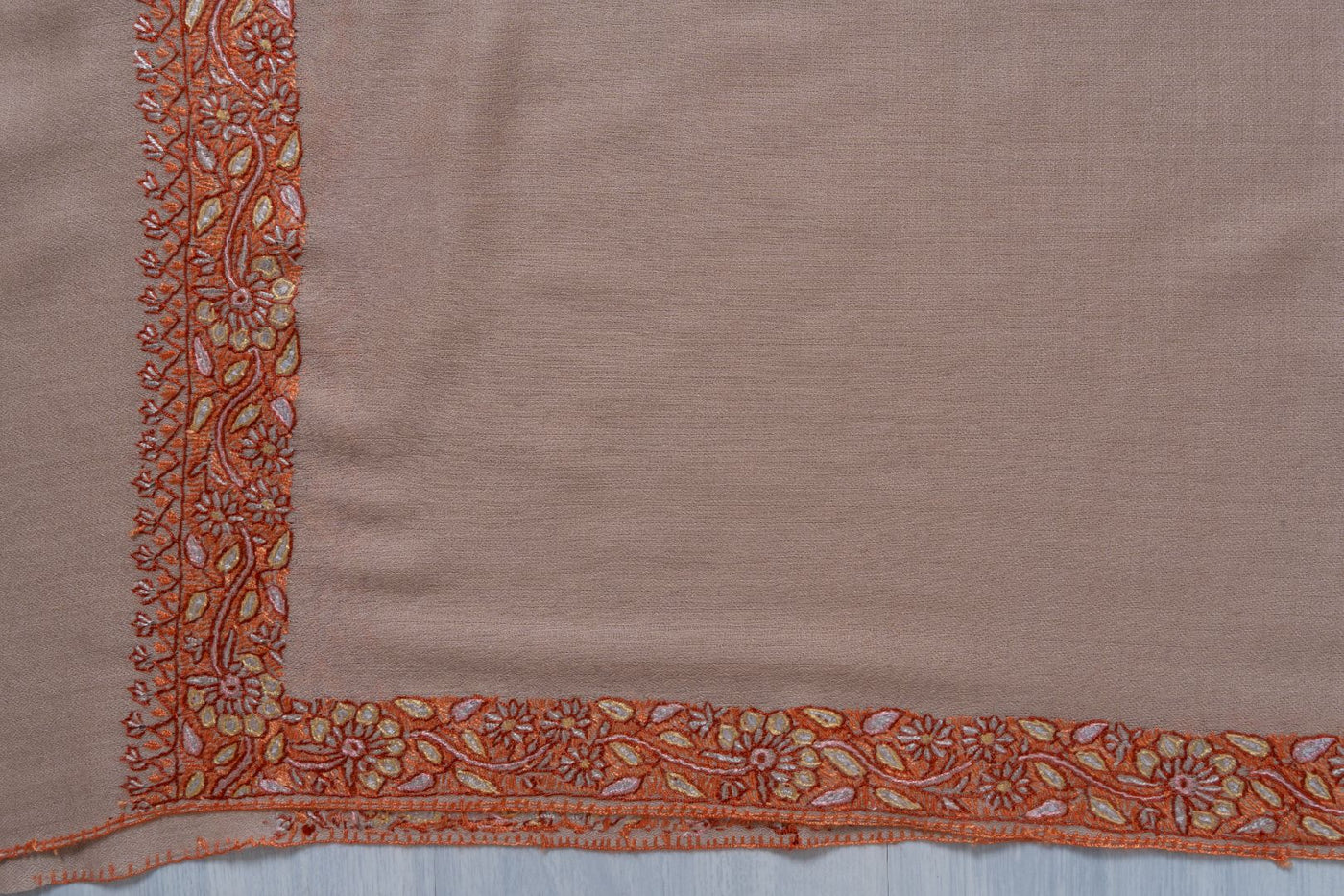 2.5 Yards | Gul-e-Narm — Sozni Hand-Embroidered Shawl in Beige with Rust & Ivory Borders