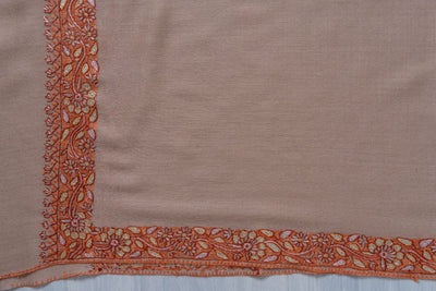 2.5 Yards | Gul-e-Narm — Sozni Hand-Embroidered Shawl in Beige with Rust & Ivory Borders