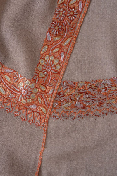 2.5 Yards | Gul-e-Narm — Sozni Hand-Embroidered Shawl in Beige with Rust & Ivory Borders
