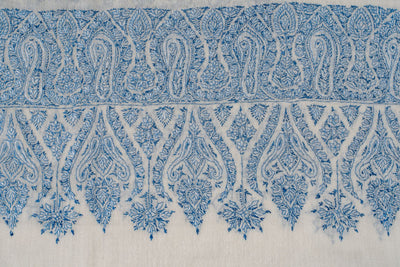 2.5 Yards | Neel Jamawar — Sozni Hand-Embroidered Shawl in Ivory & Sapphire Blue