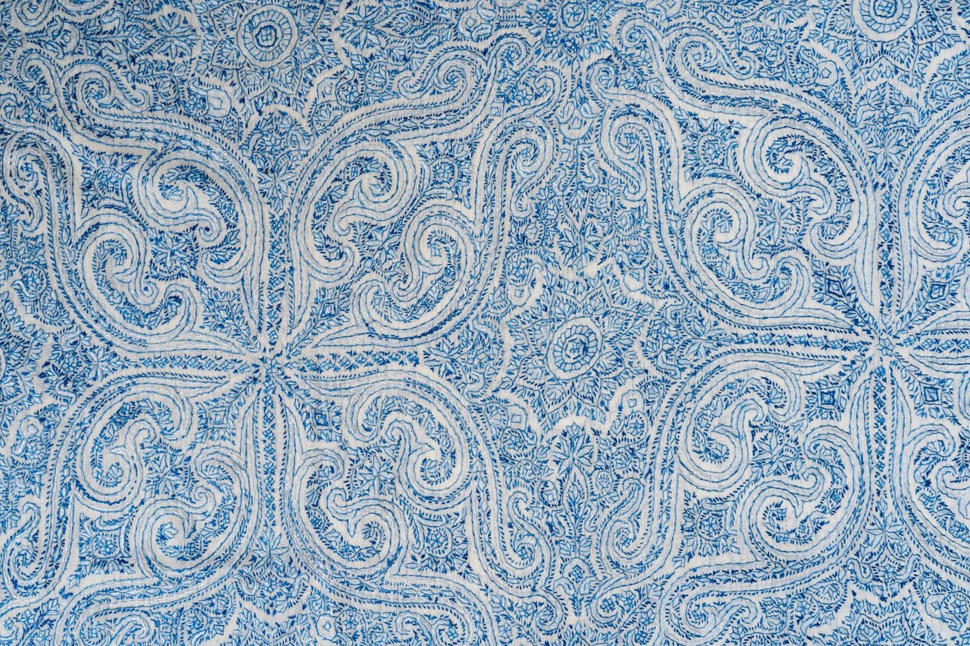 2.5 Yards | Neel Jamawar — Sozni Hand-Embroidered Shawl in Ivory & Sapphire Blue