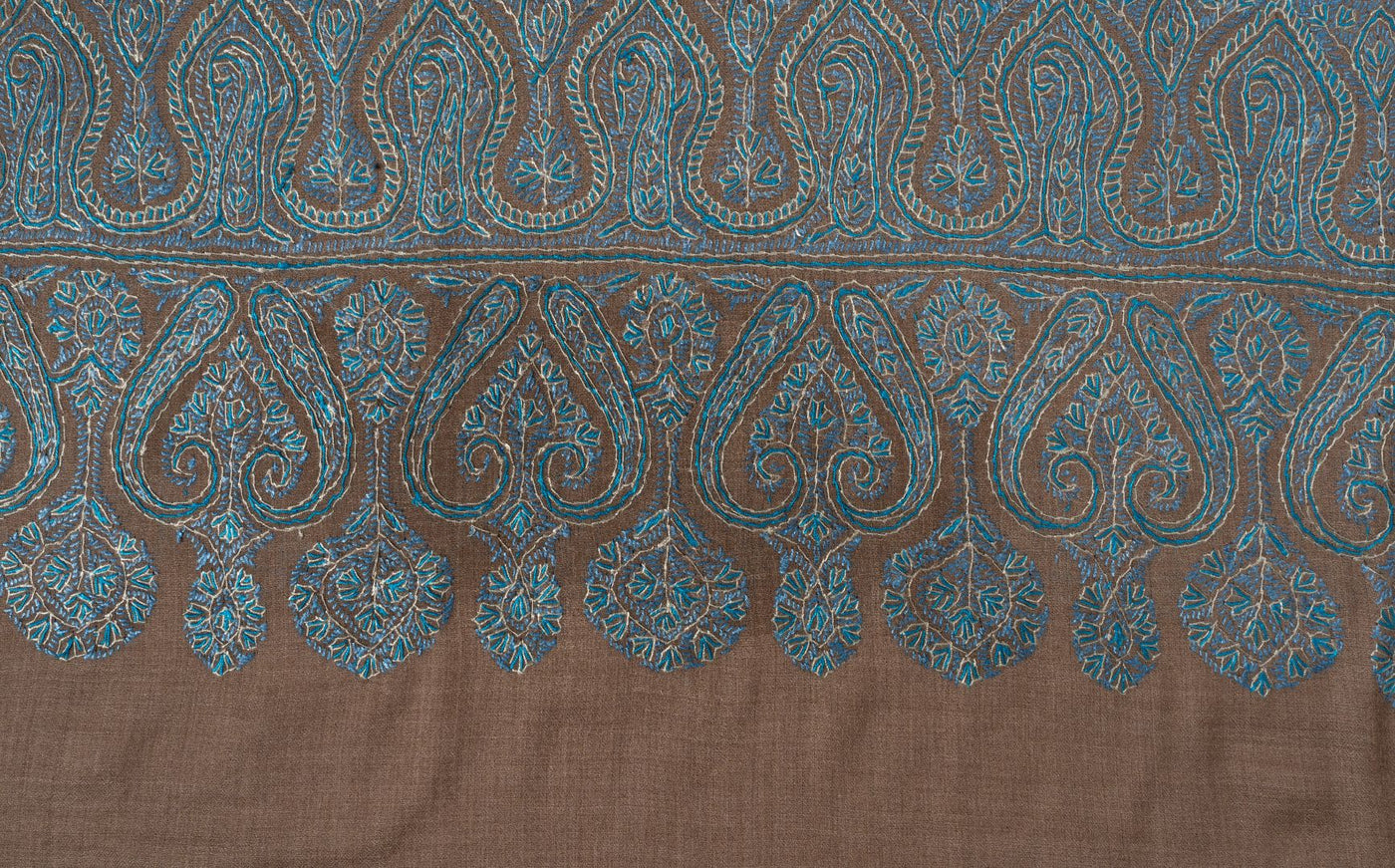 2.5 Yards | Neelab-e-Zamindar — Sozni Jamawar Shawl in Beige with Azure Embroidery