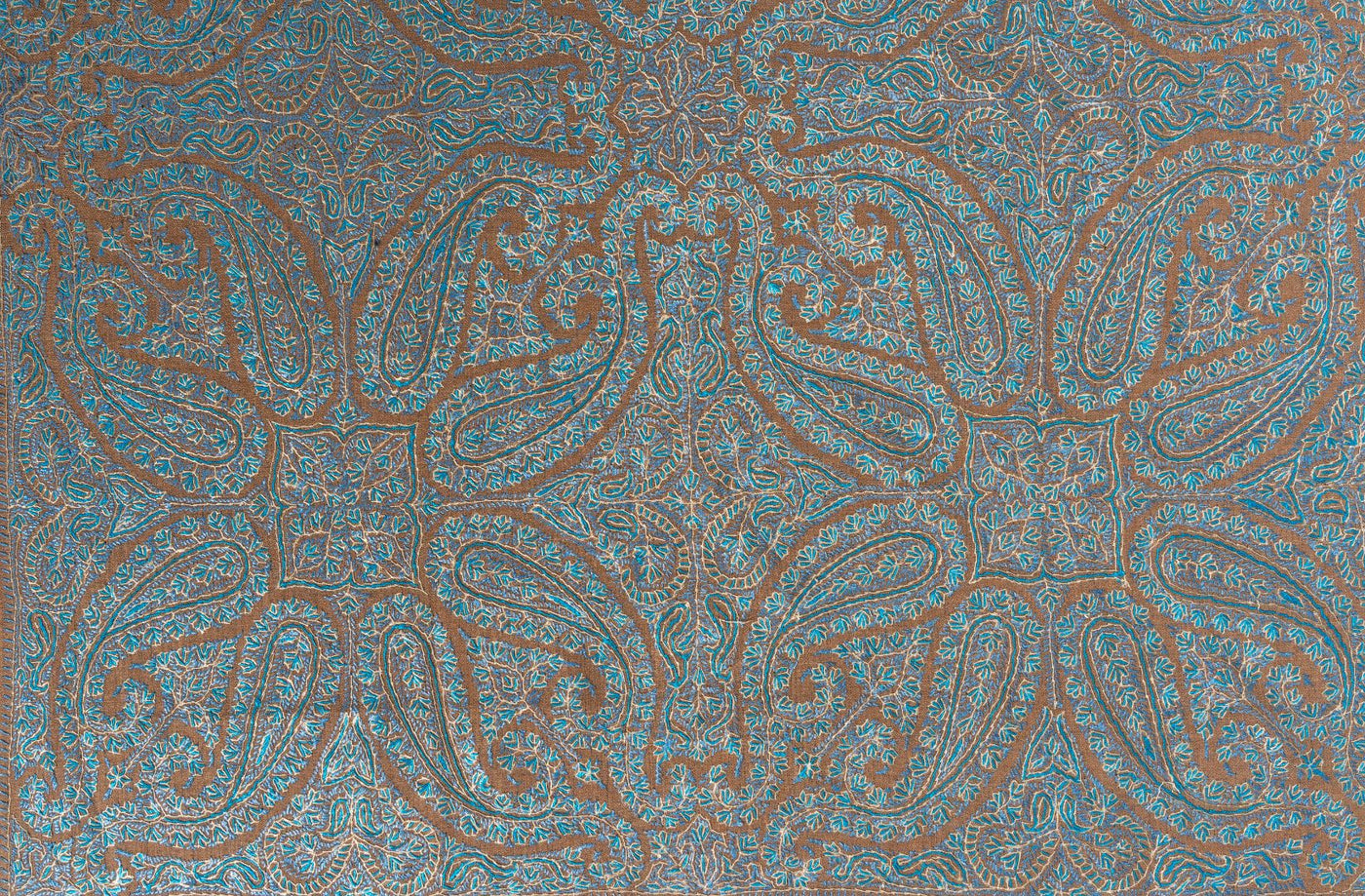 2.5 Yards | Neelab-e-Zamindar — Sozni Jamawar Shawl in Beige with Azure Embroidery