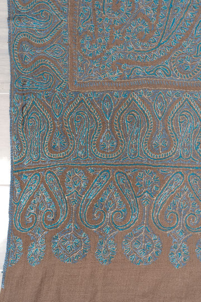 2.5 Yards | Neelab-e-Zamindar — Sozni Jamawar Shawl in Beige with Azure Embroidery