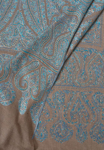 2.5 Yards | Neelab-e-Zamindar — Sozni Jamawar Shawl in Beige with Azure Embroidery