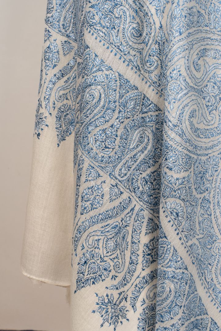 2.5 Yards | Neel Jamawar — Sozni Hand-Embroidered Shawl in Ivory & Sapphire Blue