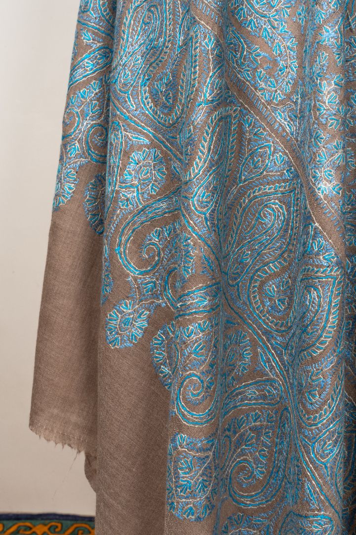 2.5 Yards | Neelab-e-Zamindar — Sozni Jamawar Shawl in Beige with Azure Embroidery