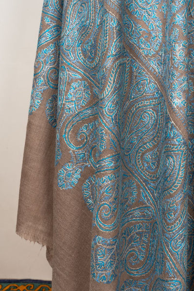 2.5 Yards | Neelab-e-Zamindar — Sozni Jamawar Shawl in Beige with Azure Embroidery