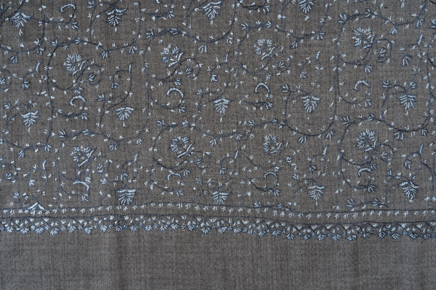 2.5 Yards | Saaye-e-Aasmaan — Sozni Hand-Embroidered Shawl in Slate Grey with Blue Vine Jaal