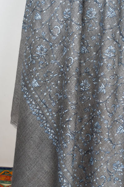2.5 Yards | Saaye-e-Aasmaan — Sozni Hand-Embroidered Shawl in Slate Grey with Blue Vine Jaal