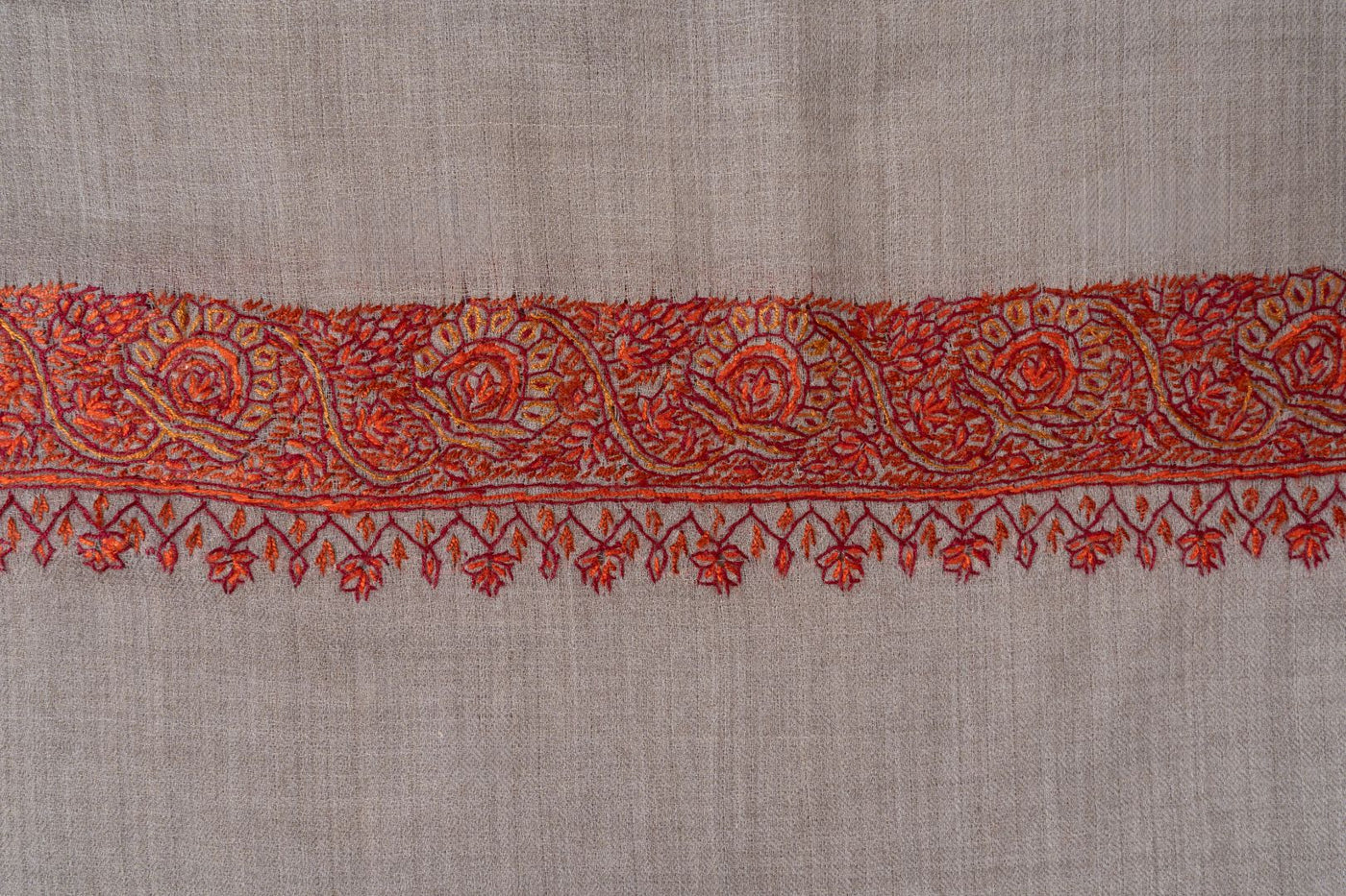 2.5 Yards | Gul-e-Atash — Sozni Hand-Embroidered Shawl in Beige with Fiery Red Borders