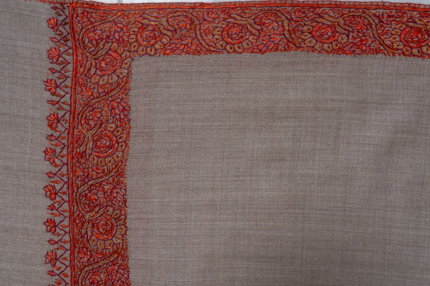 2.5 Yards | Gul-e-Atash — Sozni Hand-Embroidered Shawl in Beige with Fiery Red Borders