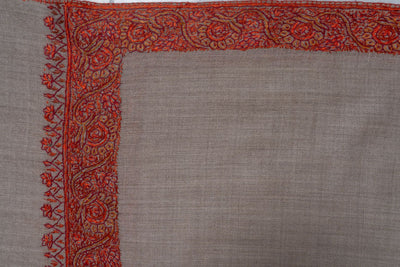 2.5 Yards | Gul-e-Atash — Sozni Hand-Embroidered Shawl in Beige with Fiery Red Borders