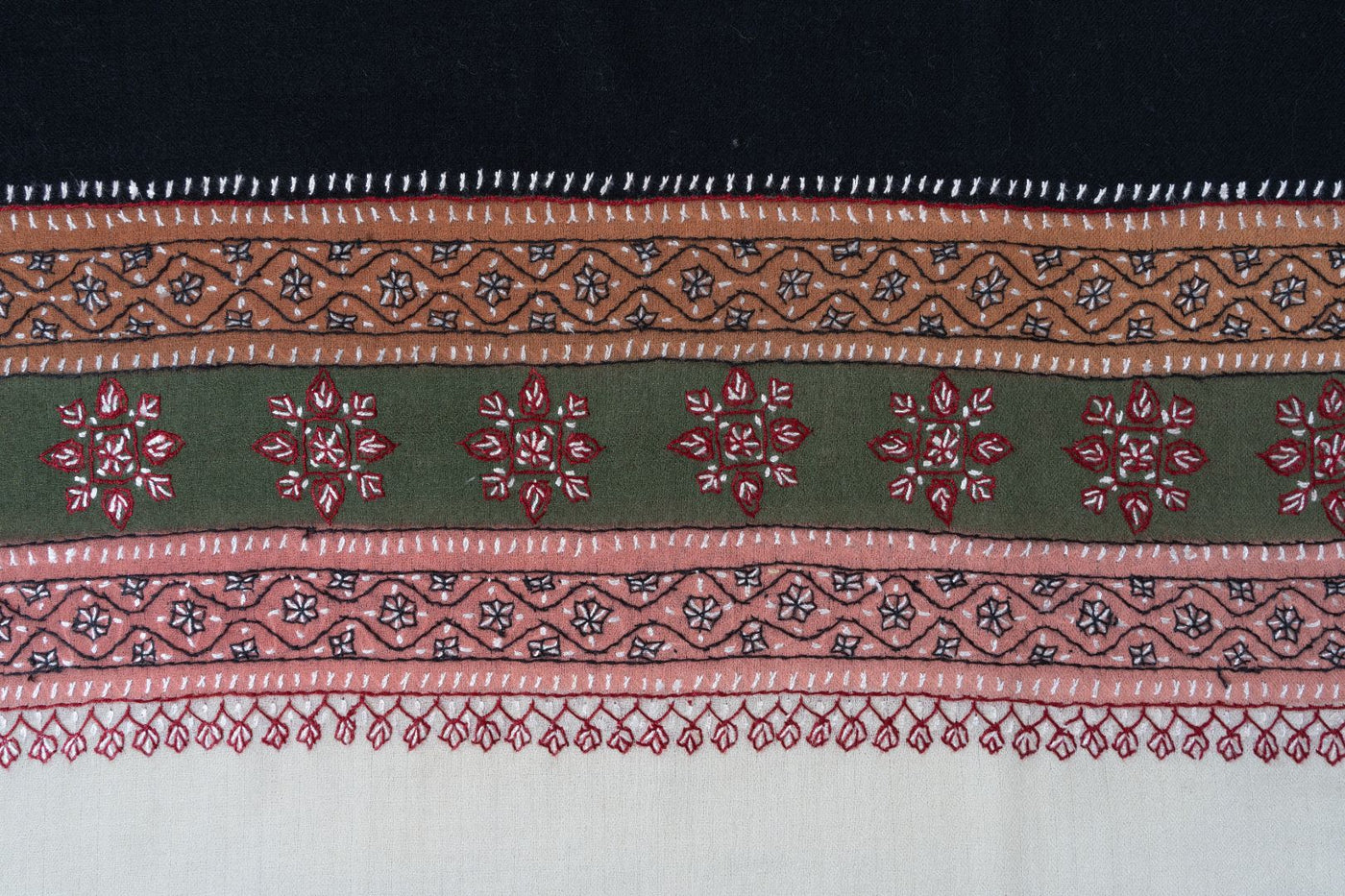 2.5 Yards | Shabnam-e-Siyah — Sozni Hand-Embroidered Shawl in Black with Multicolor Borders