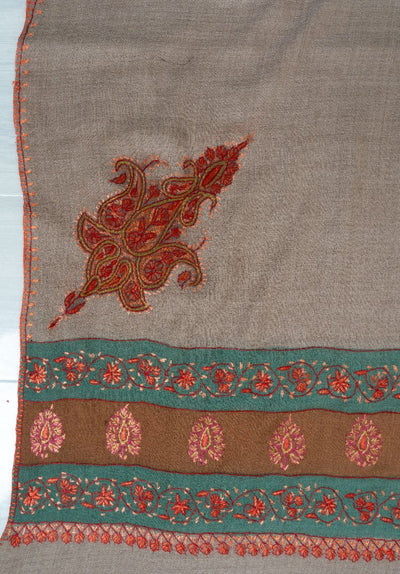 2.5 Yards | Bahaar-e-Sabz — Sozni Hand-Embroidered Shawl in Beige with Emerald & Rust Borders