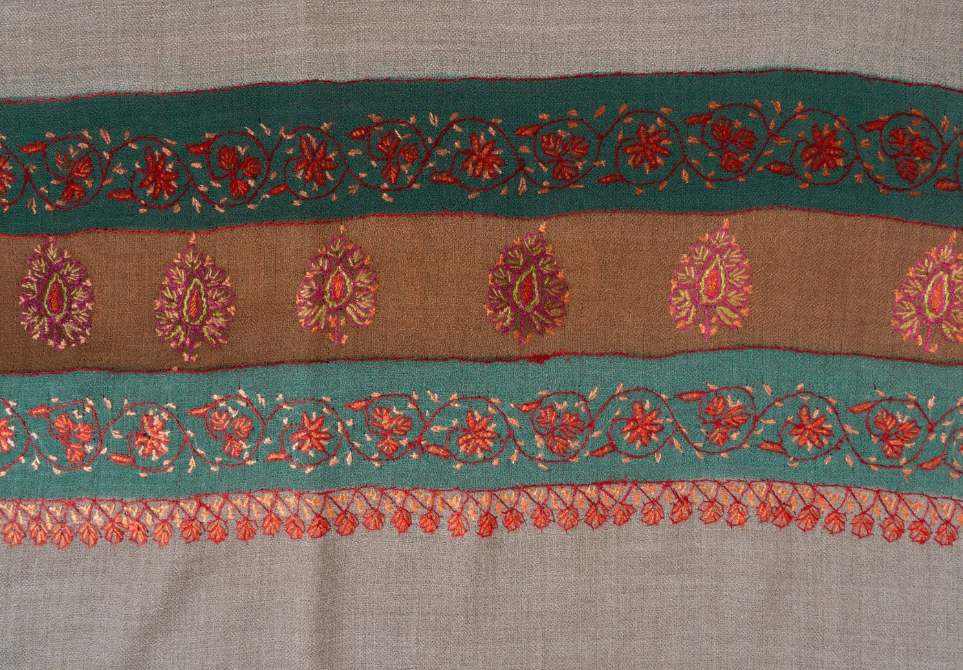 2.5 Yards | Bahaar-e-Sabz — Sozni Hand-Embroidered Shawl in Beige with Emerald & Rust Borders
