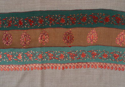 2.5 Yards | Bahaar-e-Sabz — Sozni Hand-Embroidered Shawl in Beige with Emerald & Rust Borders