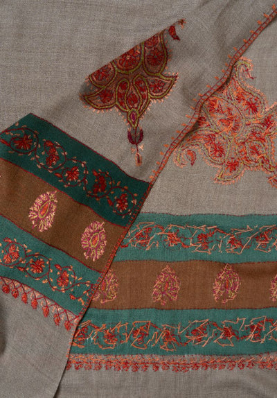 2.5 Yards | Bahaar-e-Sabz — Sozni Hand-Embroidered Shawl in Beige with Emerald & Rust Borders