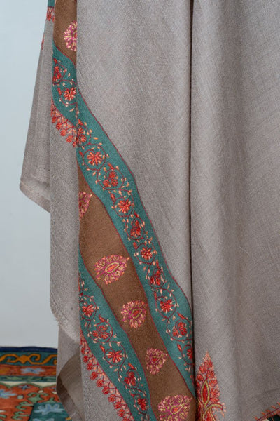 2.5 Yards | Bahaar-e-Sabz — Sozni Hand-Embroidered Shawl in Beige with Emerald & Rust Borders