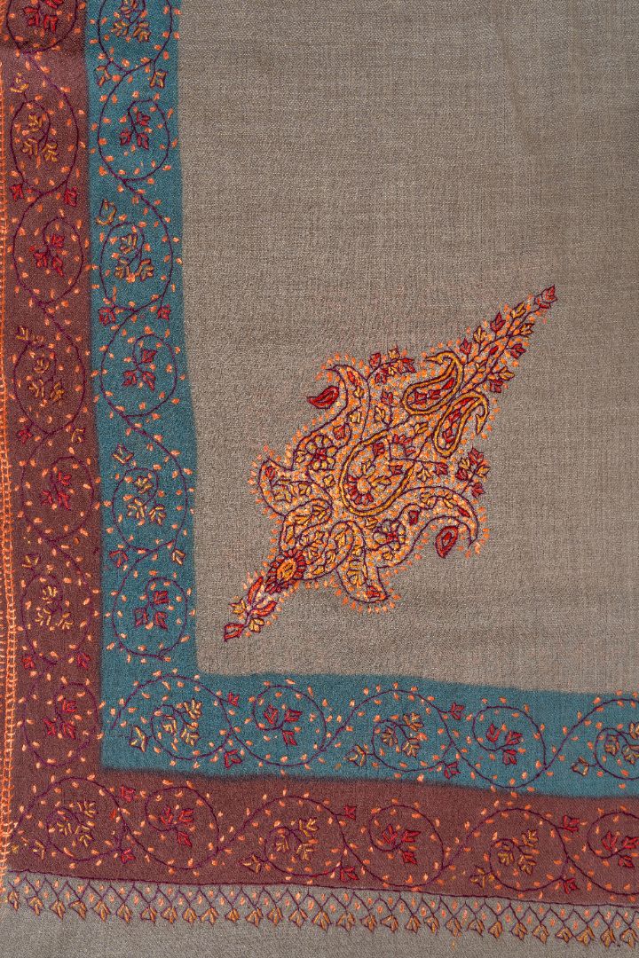 2.5 Yards | Khilat-e-Bahar — Sozni Hand-Embroidered Shawl in Taupe with Rust & Teal Borders