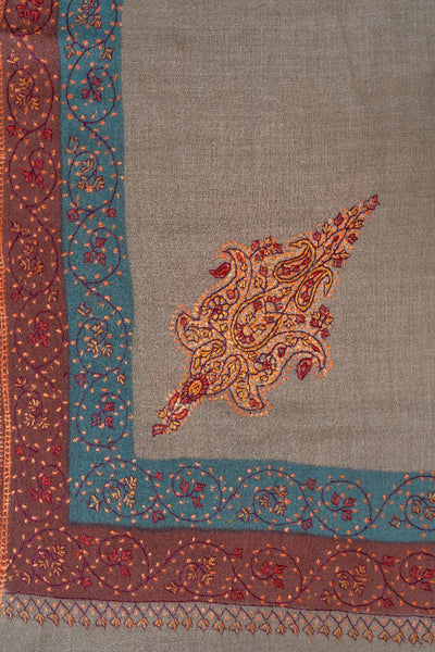 2.5 Yards | Khilat-e-Bahar — Sozni Hand-Embroidered Shawl in Taupe with Rust & Teal Borders