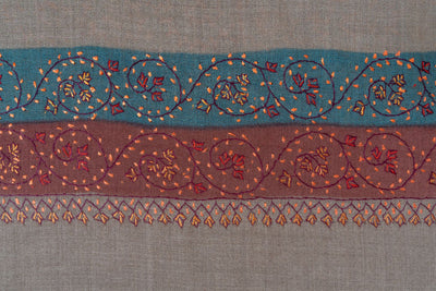 2.5 Yards | Khilat-e-Bahar — Sozni Hand-Embroidered Shawl in Taupe with Rust & Teal Borders