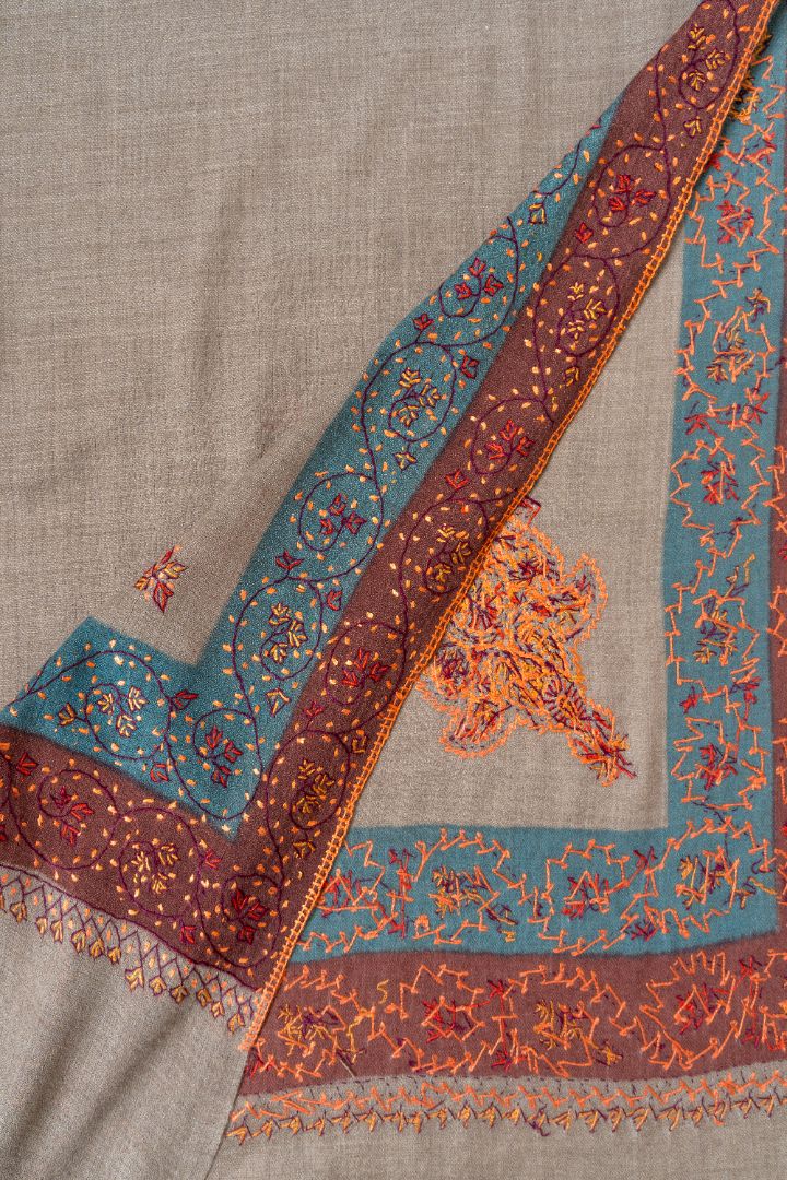 2.5 Yards | Khilat-e-Bahar — Sozni Hand-Embroidered Shawl in Taupe with Rust & Teal Borders