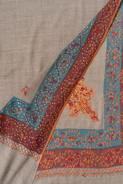 2.5 Yards | Khilat-e-Bahar — Sozni Hand-Embroidered Shawl in Taupe with Rust & Teal Borders
