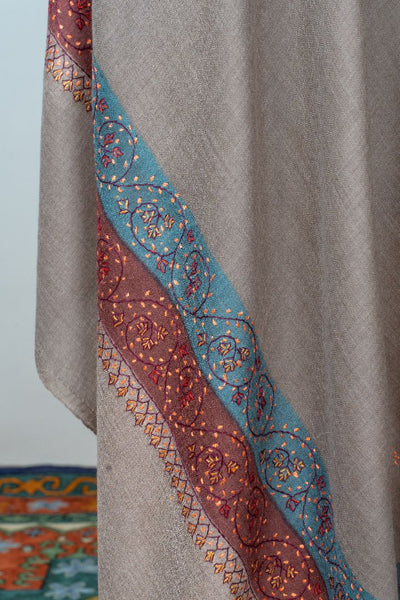 2.5 Yards | Khilat-e-Bahar — Sozni Hand-Embroidered Shawl in Taupe with Rust & Teal Borders
