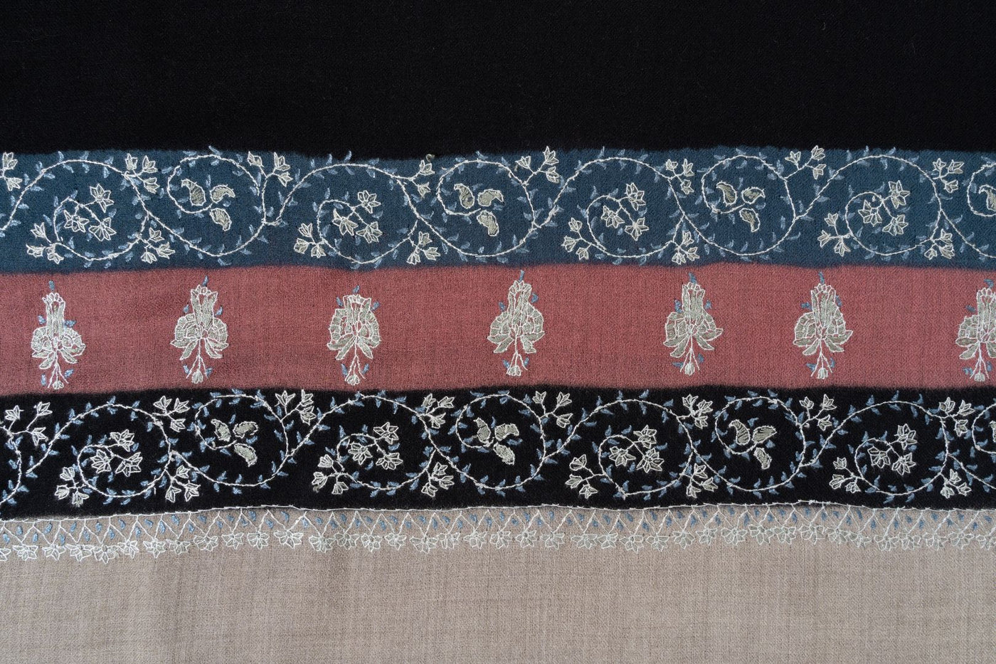2.5 Yards | Shabnam-e-Rang — Sozni Hand-Embroidered Shawl in Black with Multicolor Panels
