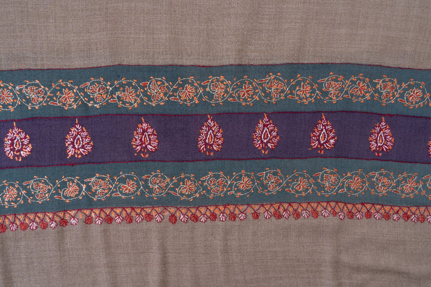 2.5 Yards | Khaki-Taupe Sozni Border Shawl — Hand-Embroidered with Contrasting Panels