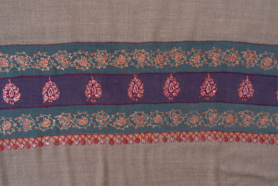 2.5 Yards | Khaki-Taupe Sozni Border Shawl — Hand-Embroidered with Contrasting Panels