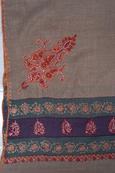 2.5 Yards | Khaki-Taupe Sozni Border Shawl — Hand-Embroidered with Contrasting Panels