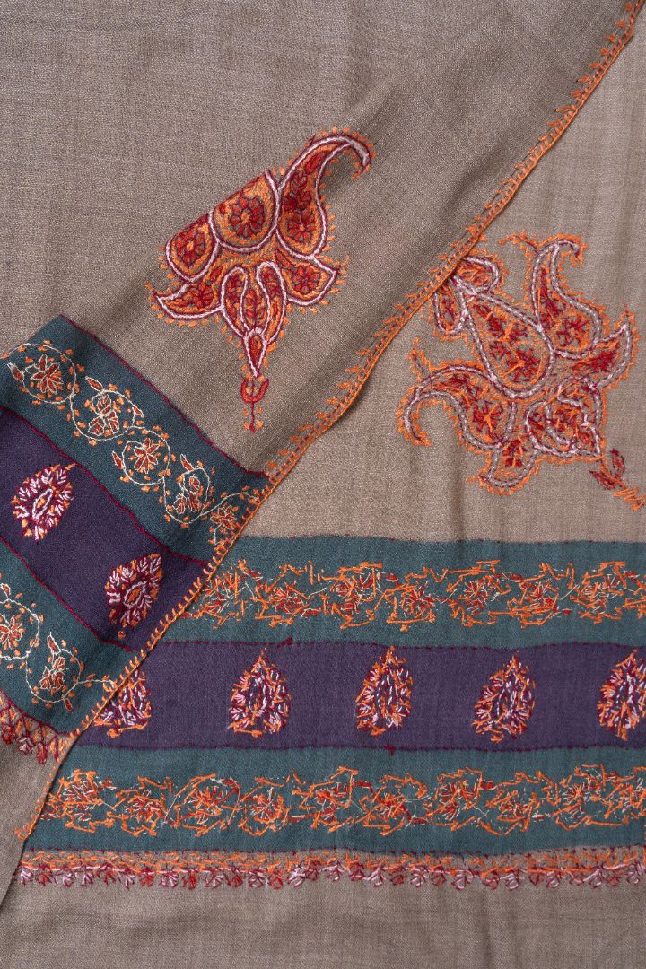 2.5 Yards | Khaki-Taupe Sozni Border Shawl — Hand-Embroidered with Contrasting Panels