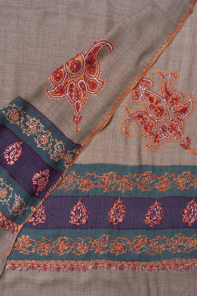 2.5 Yards | Khaki-Taupe Sozni Border Shawl — Hand-Embroidered with Contrasting Panels