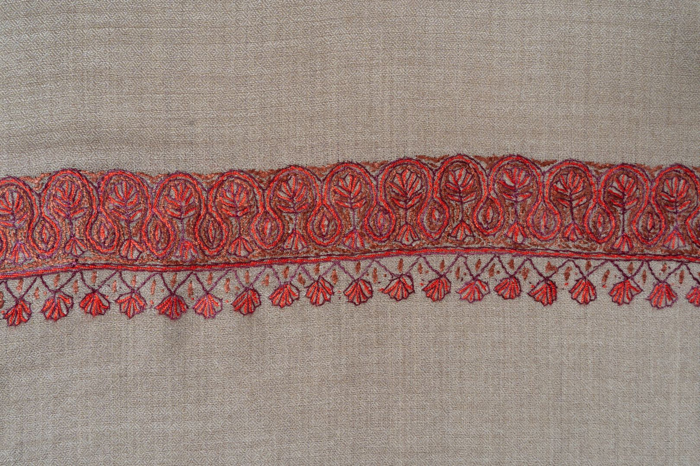 2.5 Yards | Lal Daaman — Sozni Hand-Embroidered Border Shawl in Walnut Beige