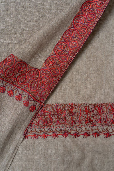 2.5 Yards | Lal Daaman — Sozni Hand-Embroidered Border Shawl in Walnut Beige
