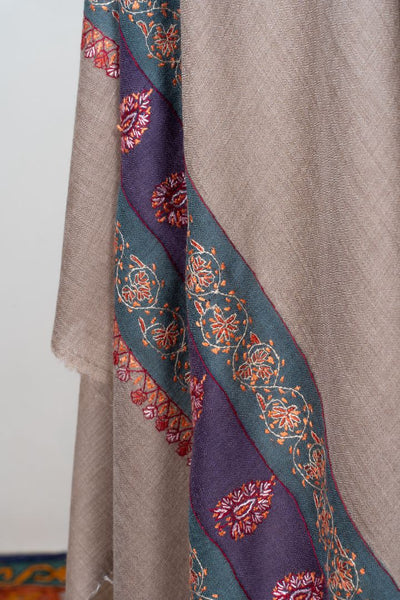 2.5 Yards | Khaki-Taupe Sozni Border Shawl — Hand-Embroidered with Contrasting Panels