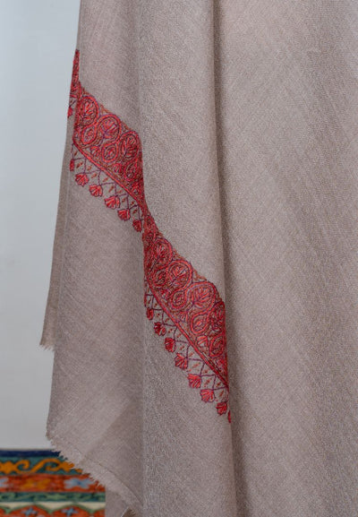 2.5 Yards | Lal Daaman — Sozni Hand-Embroidered Border Shawl in Walnut Beige