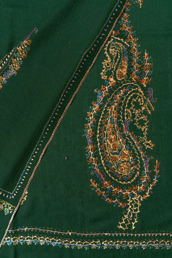 2.5 Yards | Zabarjad Paisley — Hand-Embroidered Kashmiri Shawl in Deep Green with Golden & Blue Accents