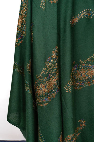 2.5 Yards | Zabarjad Paisley — Hand-Embroidered Kashmiri Shawl in Deep Green with Golden & Blue Accents