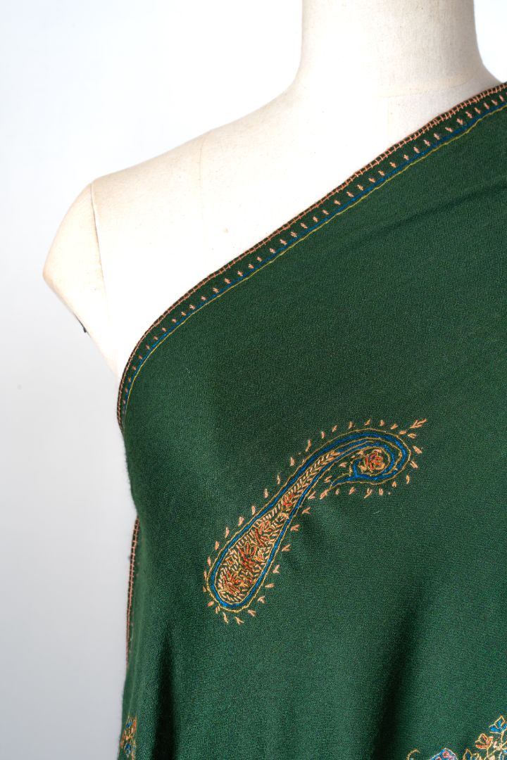 2.5 Yards | Zabarjad Paisley — Hand-Embroidered Kashmiri Shawl in Deep Green with Golden & Blue Accents