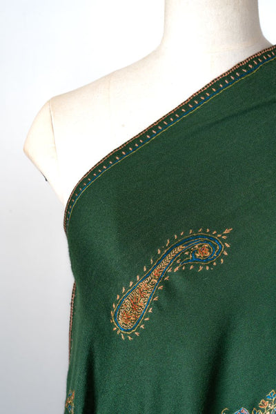 2.5 Yards | Zabarjad Paisley — Hand-Embroidered Kashmiri Shawl in Deep Green with Golden & Blue Accents