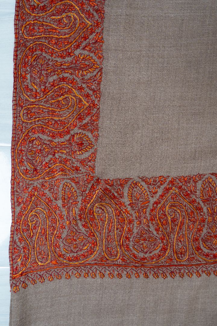 2.5 Yards | Surkh Gul — Sozni Hand-Embroidered Shawl in Classic Beige